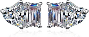Sparkle&Refined Moissanite toi et moi Heart And Princess Stud Earrings 2ct D-E Color 925 Sterling Silver White Gold Plated Stud Earring