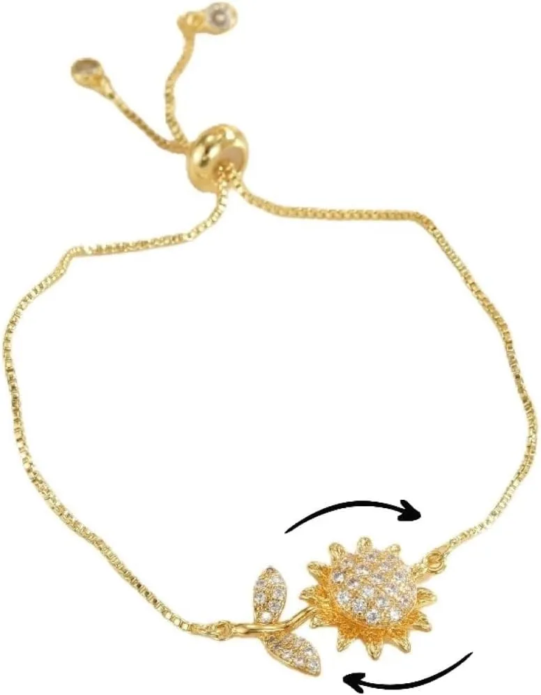 Spinning Sunflower Bracelet for Women 7"-9" Adjustable Flowers Rhinestone Fidget Bracelets for Tiny Wrist Sparkly Flower Anxiety Bracelet Cubic Zircon Sunflowers Mood Statement Bracelets Worry Relieving Jewelry Accessories