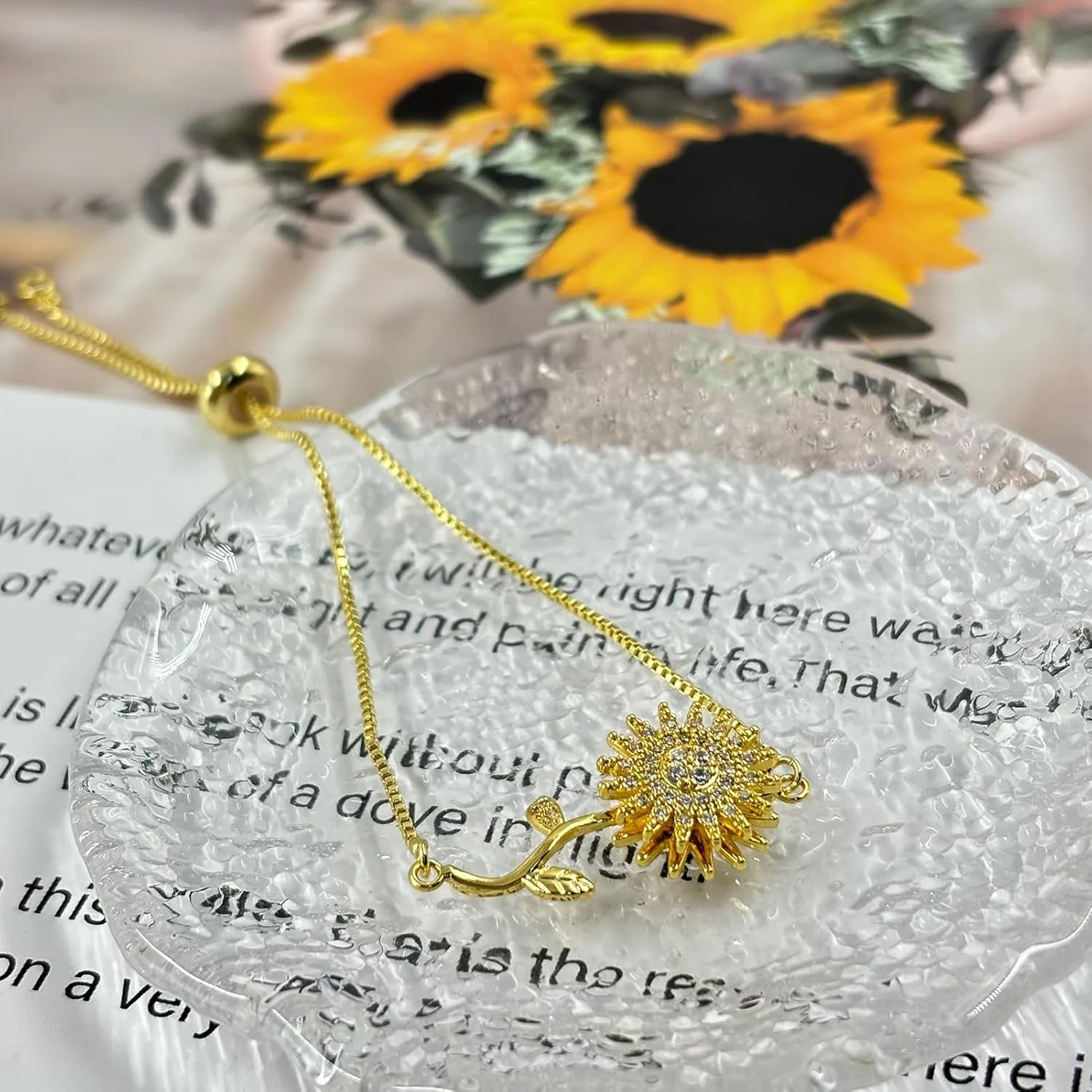 Spinning Sunflower Bracelet for Women 7"-9" Adjustable Flowers Rhinestone Fidget Bracelets for Tiny Wrist Sparkly Flower Anxiety Bracelet Cubic Zircon Sunflowers Mood Statement Bracelets Worry Relieving Jewelry Accessories