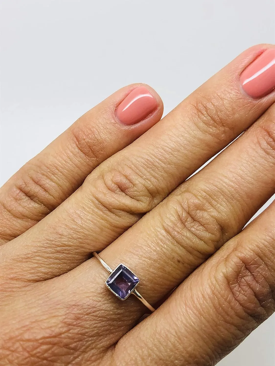 Square Amethyst 925 Sterling Silver Ring - Delicate BOHO Chic Jewelry - Fashionable and Stylish for Women with Velvet Gift Bag/Box - Made by Indian Artisans - Size 5-9