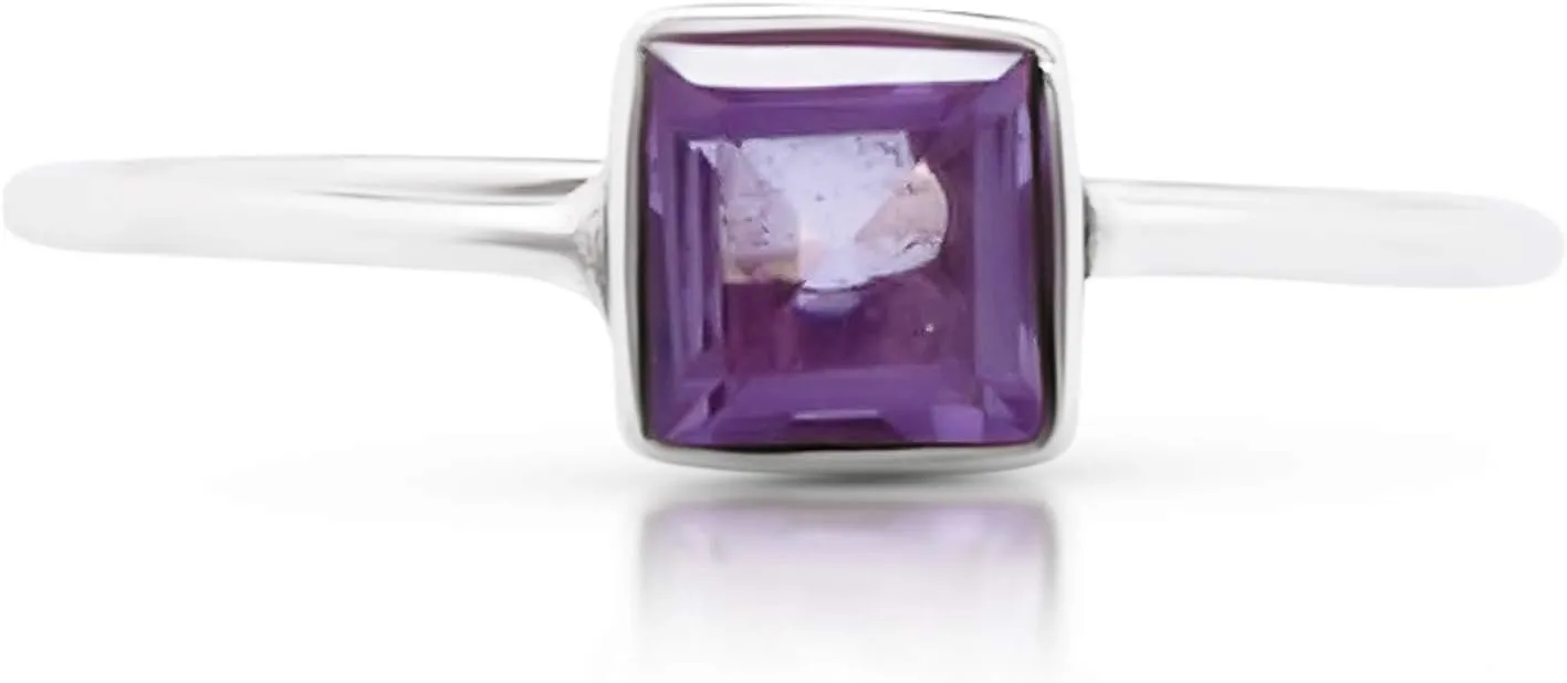 Square Amethyst 925 Sterling Silver Ring - Delicate BOHO Chic Jewelry - Fashionable and Stylish for Women with Velvet Gift Bag/Box - Made by Indian Artisans - Size 5-9