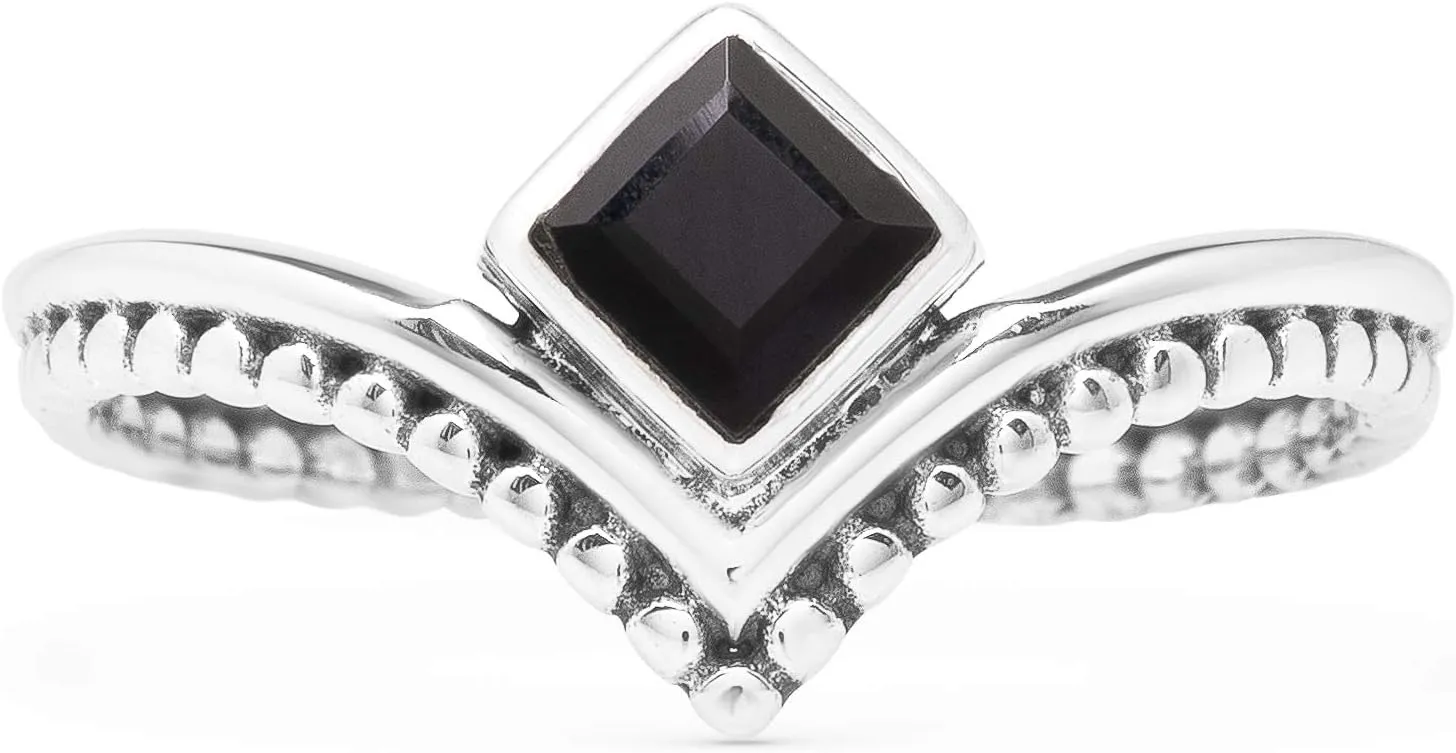Square Black Onyx 925 Sterling Silver Ring - Delicate BOHO Chic Jewelry - Fashionable and Stylish for Women with Velvet Gift Bag - Made by Indian Artisans - Size 6-9