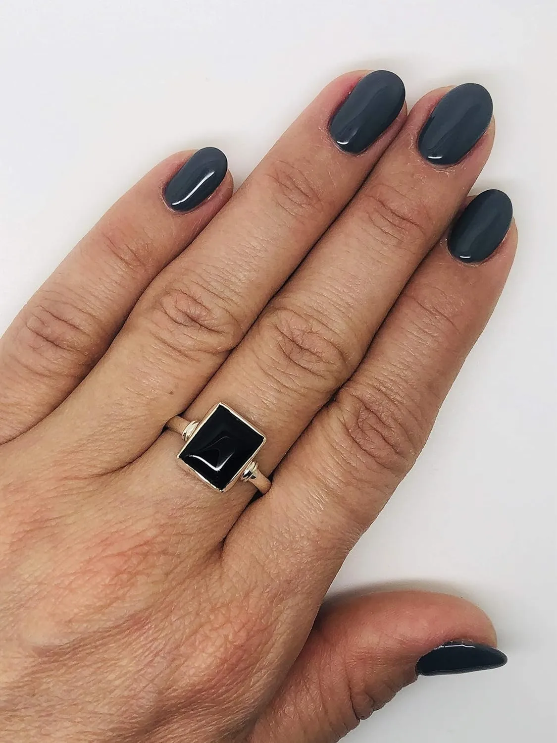 Square Black Onyx 925 Sterling Silver Ring - Delicate BOHO Chic Jewelry - Fashionable and Stylish for Women with Velvet Gift Bag - Made by Indian Artisans - Size 6-9