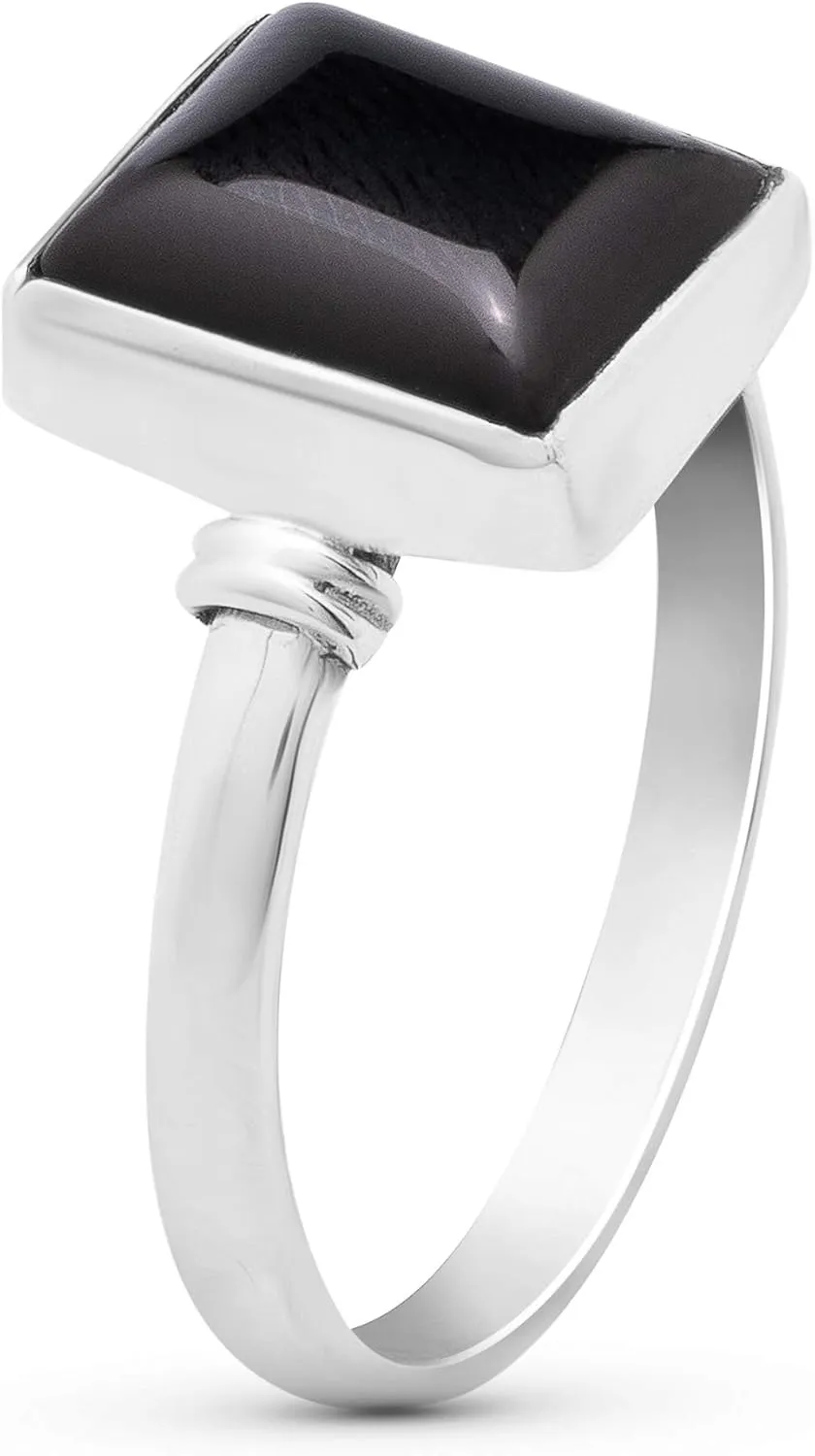 Square Black Onyx 925 Sterling Silver Ring - Delicate BOHO Chic Jewelry - Fashionable and Stylish for Women with Velvet Gift Bag - Made by Indian Artisans - Size 6-9