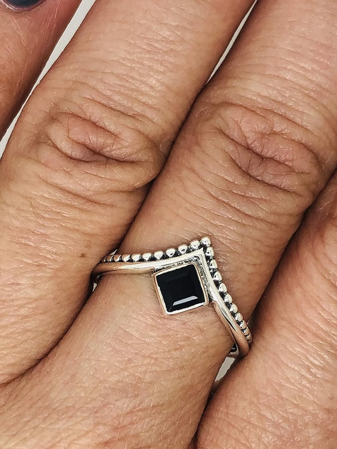 Square Black Onyx 925 Sterling Silver Ring - Delicate BOHO Chic Jewelry - Fashionable and Stylish for Women with Velvet Gift Bag - Made by Indian Artisans - Size 6-9