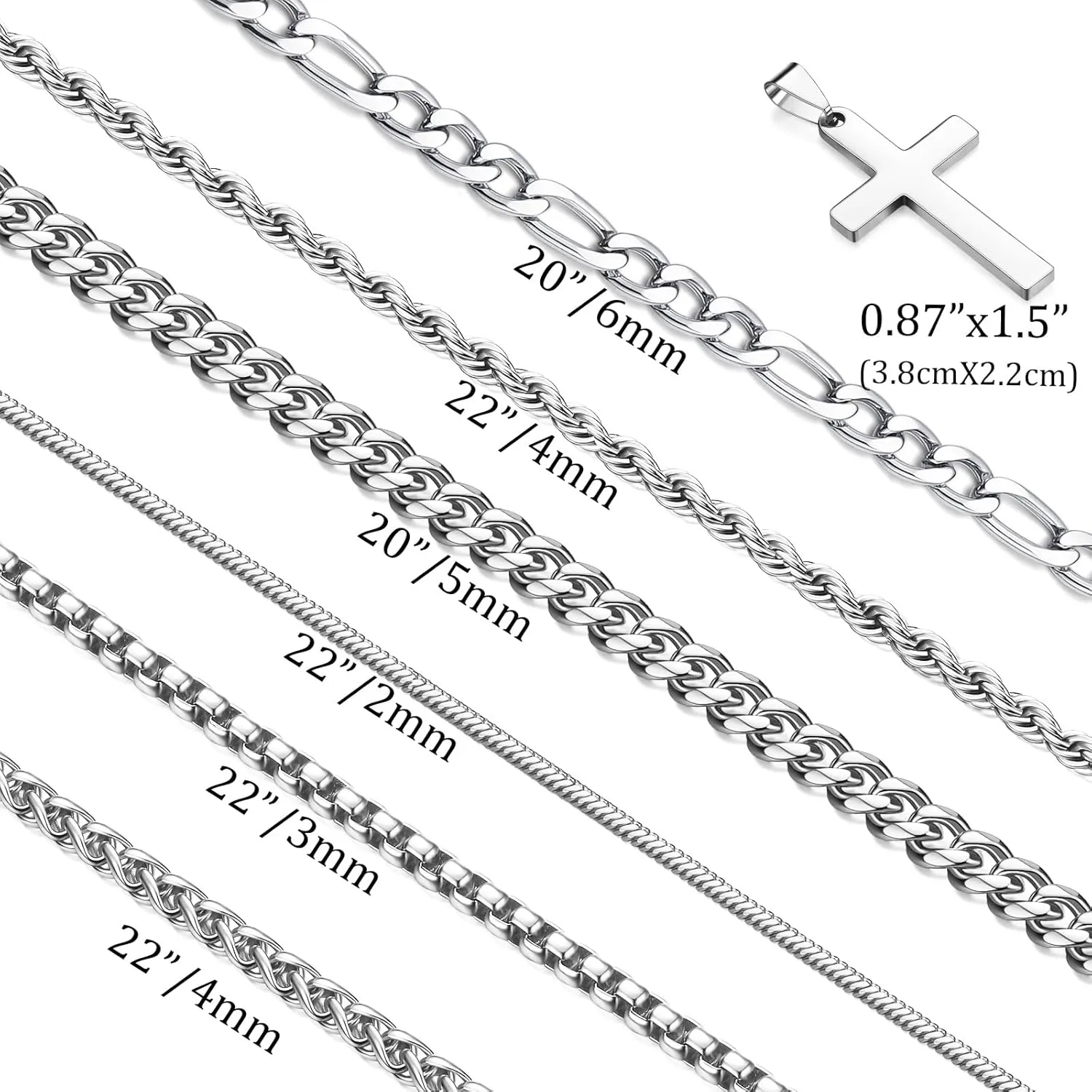 Stackable Gold/Silver Chain for Men, 6/7 Pcs Stainless Steel Cross Chain Mens Necklace Jewelry Set for Men, 5/6 Chains   1 Cross Pendant