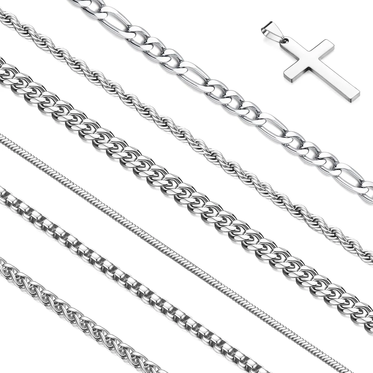 Stackable Gold/Silver Chain for Men, 6/7 Pcs Stainless Steel Cross Chain Mens Necklace Jewelry Set for Men, 5/6 Chains   1 Cross Pendant