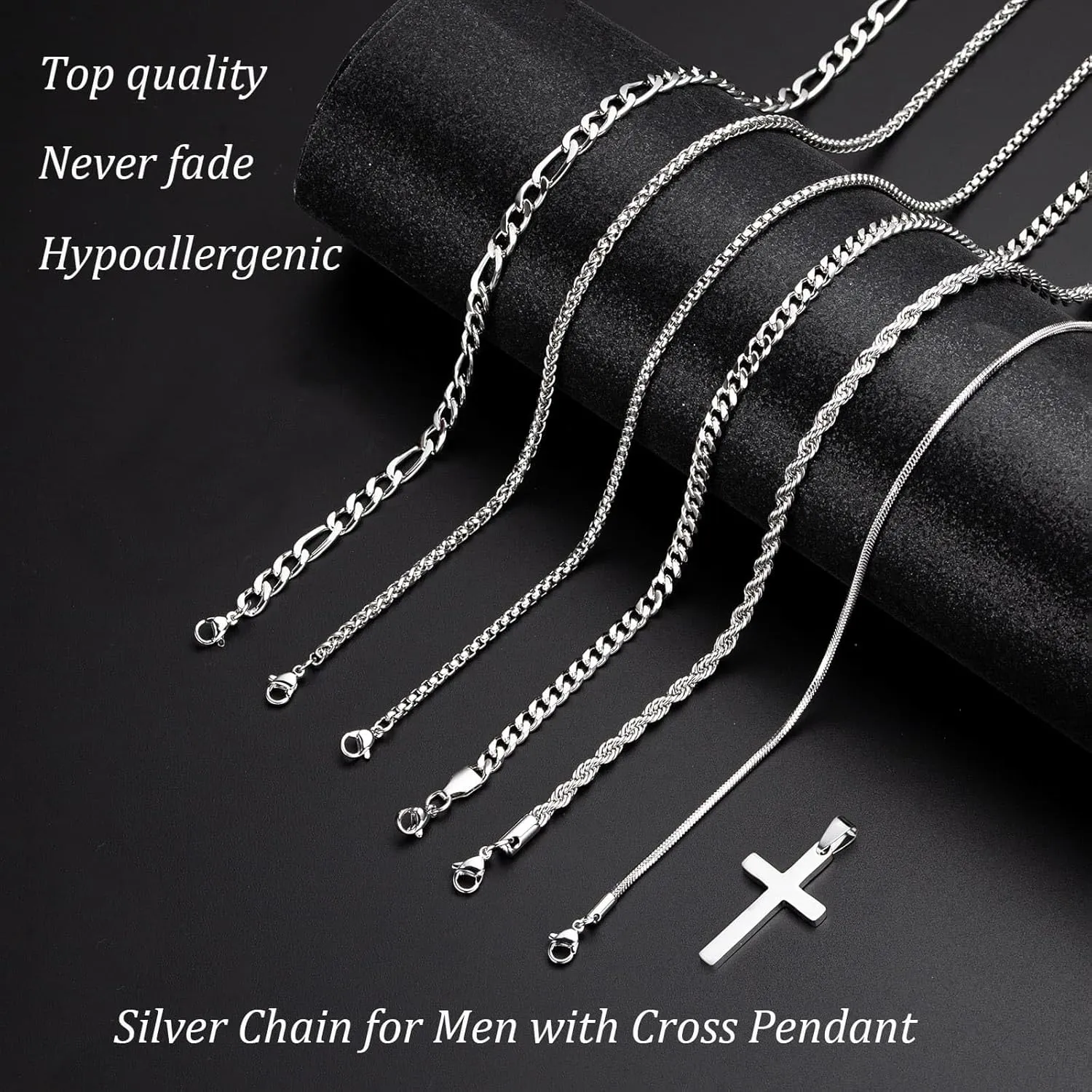 Stackable Gold/Silver Chain for Men, 6/7 Pcs Stainless Steel Cross Chain Mens Necklace Jewelry Set for Men, 5/6 Chains   1 Cross Pendant