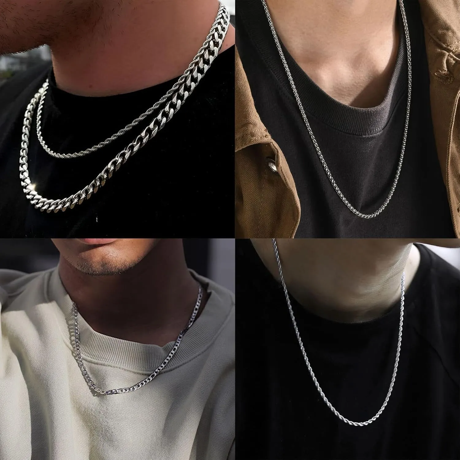 Stackable Gold/Silver Chain for Men, 6/7 Pcs Stainless Steel Cross Chain Mens Necklace Jewelry Set for Men, 5/6 Chains   1 Cross Pendant