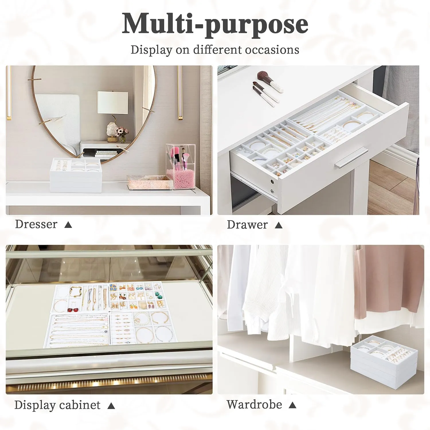 Stackable Jewelry Trays 4 Layers,Jewelry Drawer insert with Removable Dividers,Jewelry Organizer Storage Display Tray for Earring Necklace Rings Bracelet