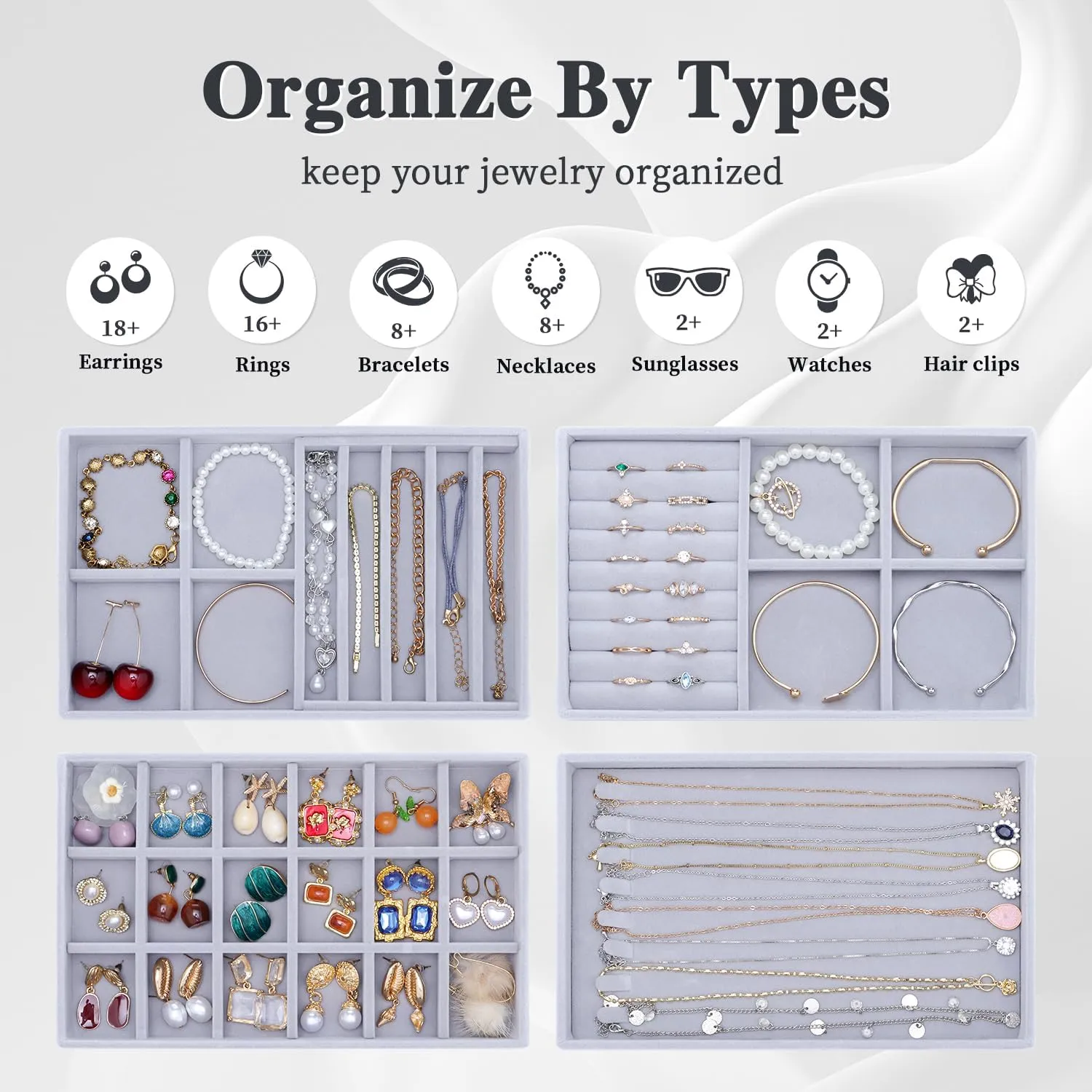 Stackable Jewelry Trays 4 Layers,Jewelry Drawer insert with Removable Dividers,Jewelry Organizer Storage Display Tray for Earring Necklace Rings Bracelet