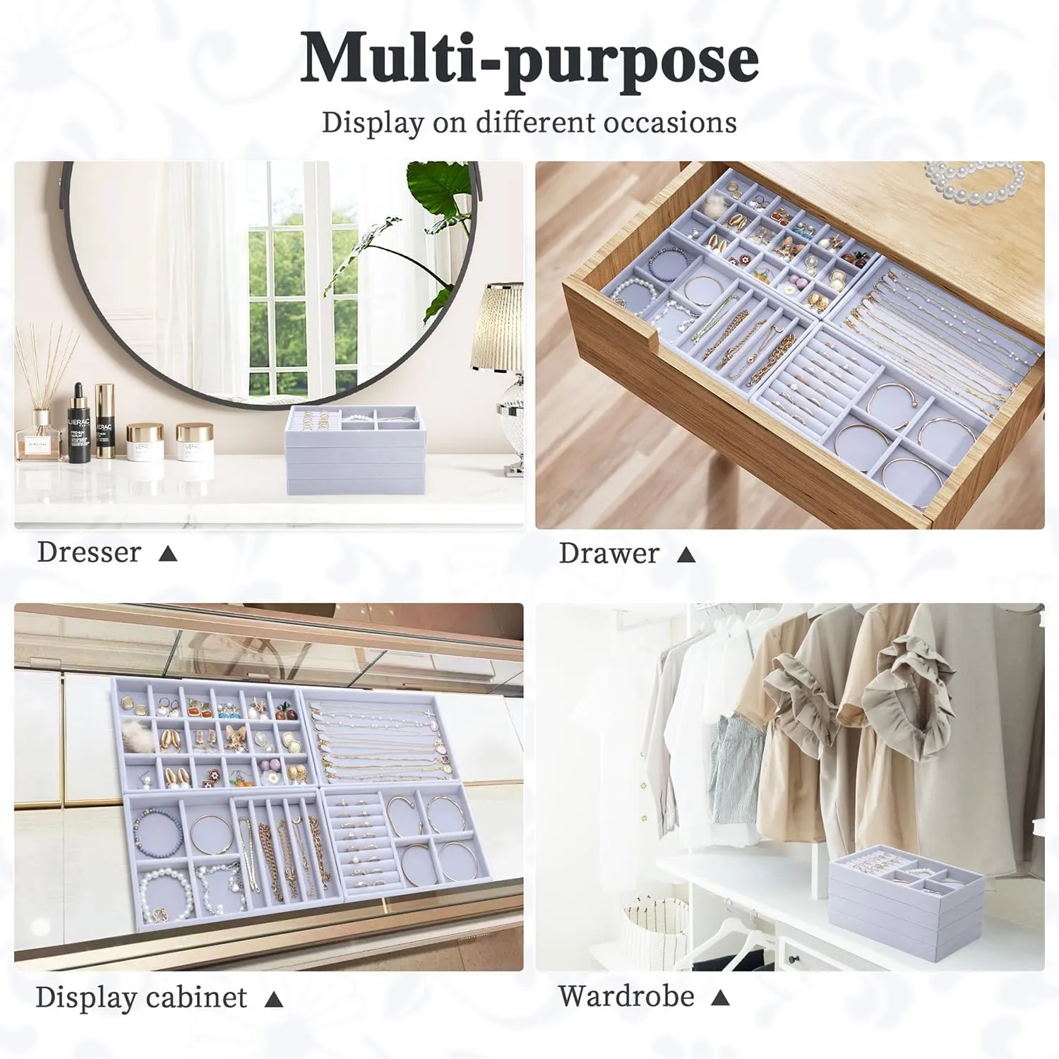 Stackable Jewelry Trays 4 Layers,Jewelry Drawer insert with Removable Dividers,Jewelry Organizer Storage Display Tray for Earring Necklace Rings Bracelet
