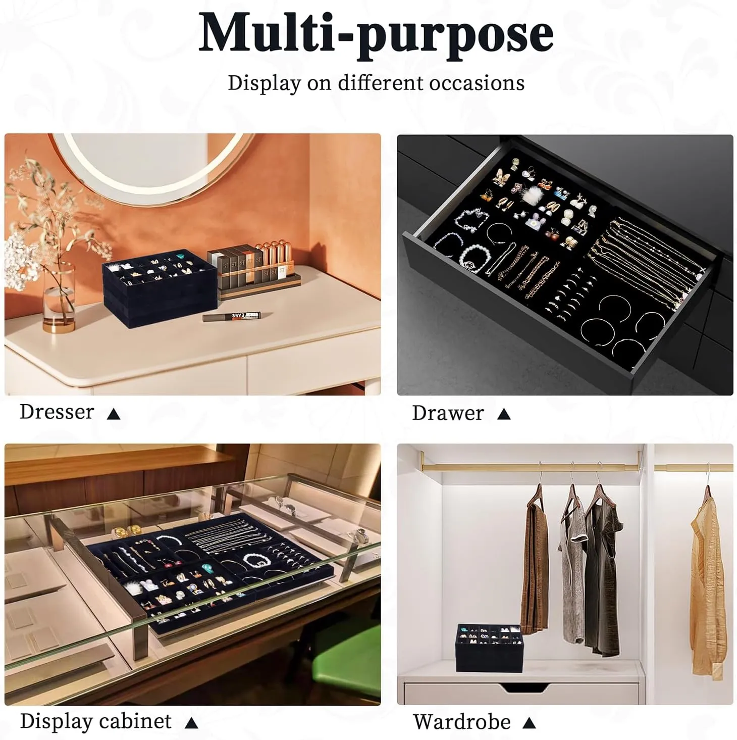 Stackable Jewelry Trays 4 Layers,Jewelry Drawer insert with Removable Dividers,Jewelry Organizer Storage Display Tray for Earring Necklace Rings Bracelet
