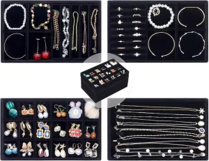 Stackable Jewelry Trays 4 Layers,Jewelry Drawer insert with Removable Dividers,Jewelry Organizer Storage Display Tray for Earring Necklace Rings Bracelet