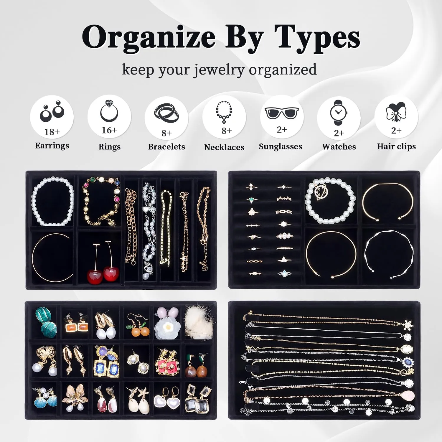 Stackable Jewelry Trays 4 Layers,Jewelry Drawer insert with Removable Dividers,Jewelry Organizer Storage Display Tray for Earring Necklace Rings Bracelet