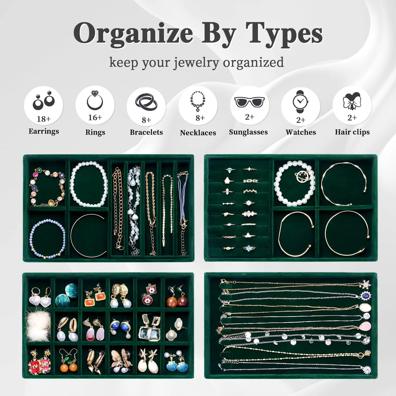 Stackable Jewelry Trays 4 Layers,Jewelry Drawer insert with Removable Dividers,Jewelry Organizer Storage Display Tray for Earring Necklace Rings Bracelet