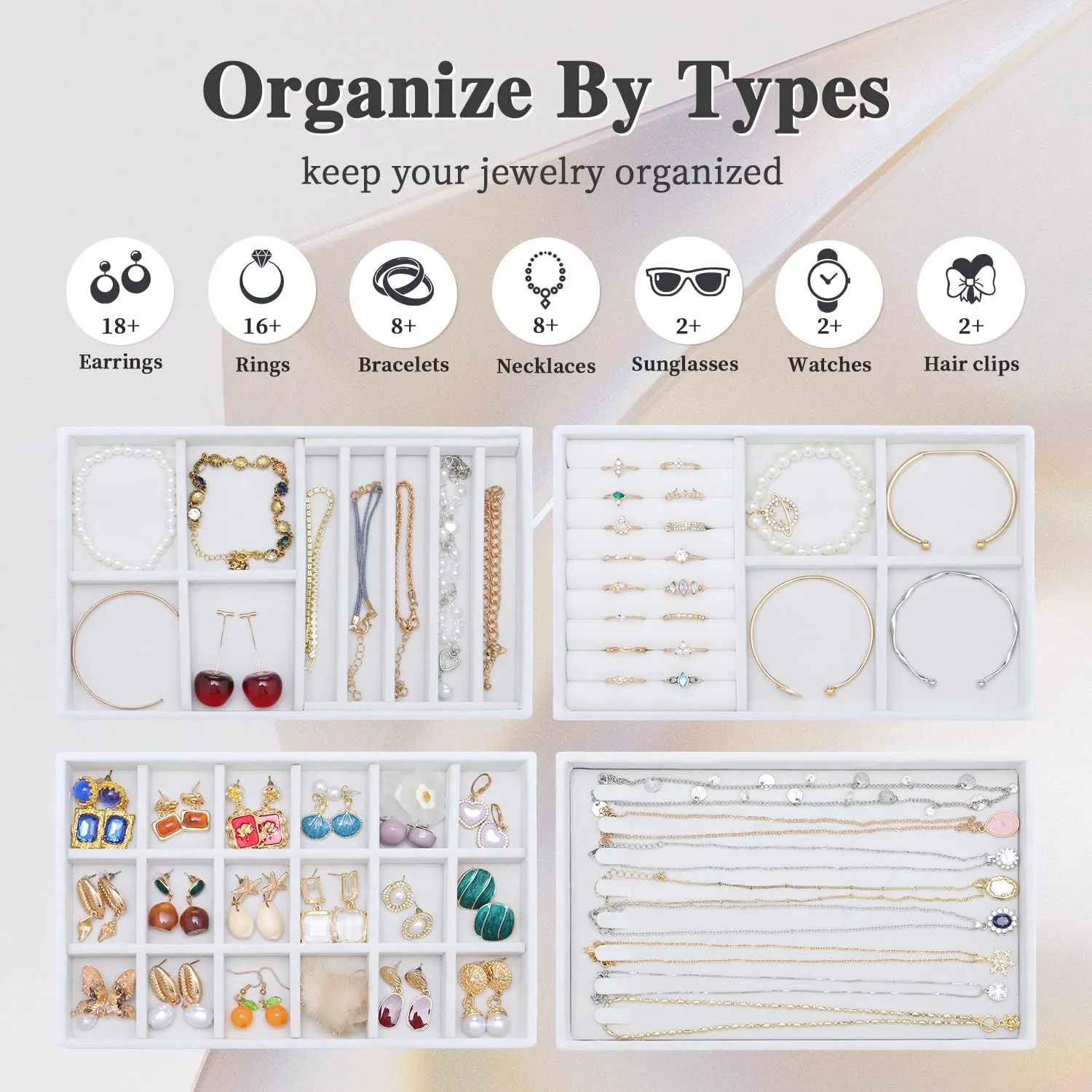 Stackable Jewelry Trays 4 Layers,Jewelry Drawer insert with Removable Dividers,Jewelry Organizer Storage Display Tray for Earring Necklace Rings Bracelet