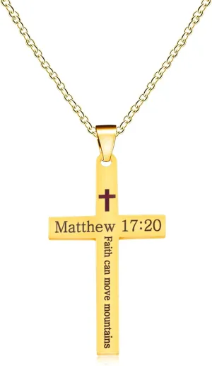 Stainless Steel Cross Necklace | Engraved Bible Verse Pendant | Jesus Savior Cross Necklaces | Personalized Matthew 17:20 Jewelry | Healing Energy & Meditation Gift for Men YA5186
