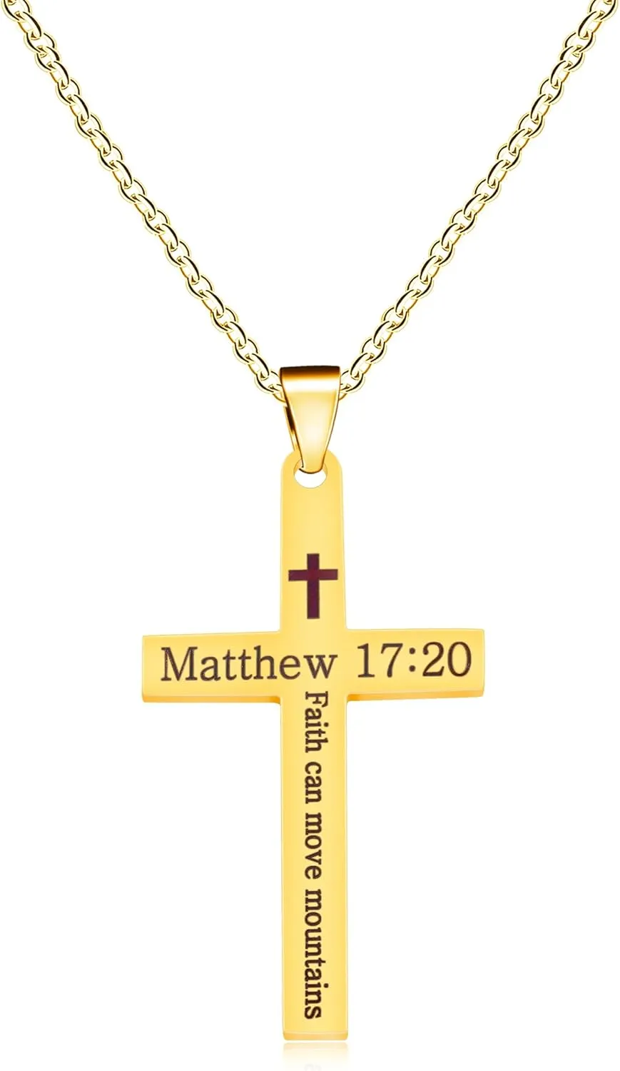 Stainless Steel Cross Necklace | Engraved Bible Verse Pendant | Jesus Savior Cross Necklaces | Personalized Matthew 17:20 Jewelry | Healing Energy & Meditation Gift for Men YA5186