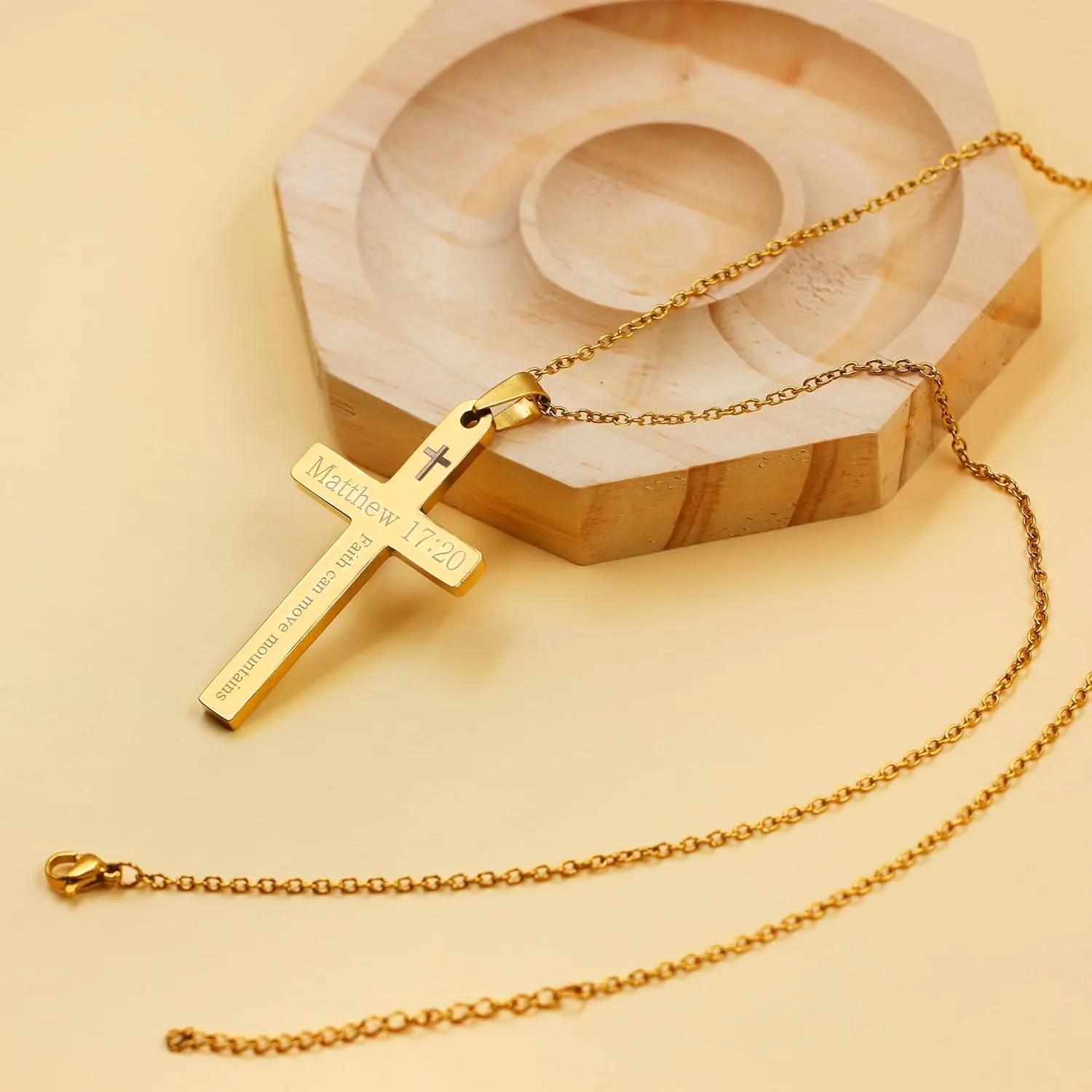 Stainless Steel Cross Necklace | Engraved Bible Verse Pendant | Jesus Savior Cross Necklaces | Personalized Matthew 17:20 Jewelry | Healing Energy & Meditation Gift for Men YA5186