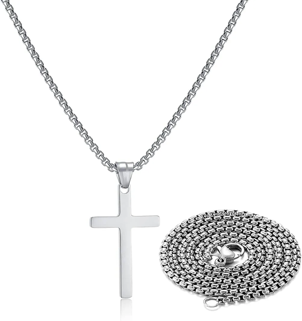 Stainless Steel Cross Necklace for Men Silver Cross Necklace for boy Small Cross Pendant Necklace Simple Jewelry Cross Chain Gifts for Men