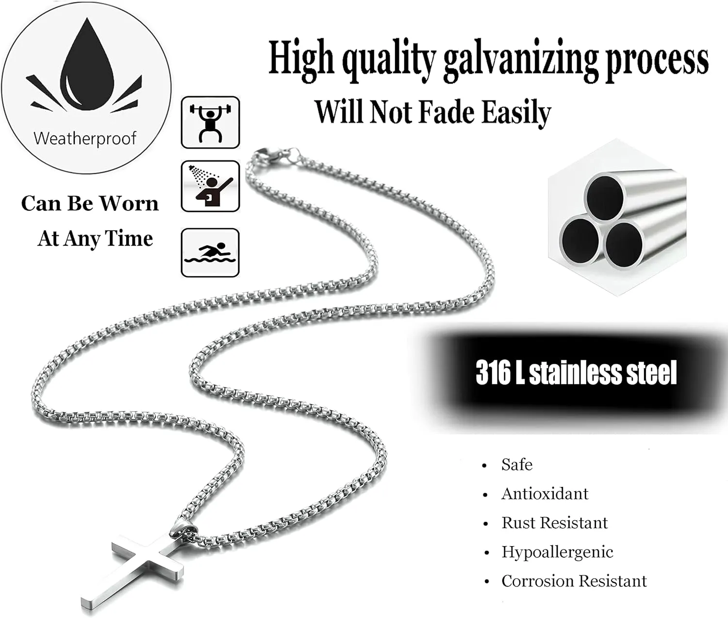 Stainless Steel Cross Necklace for Men Silver Cross Necklace for boy Small Cross Pendant Necklace Simple Jewelry Cross Chain Gifts for Men