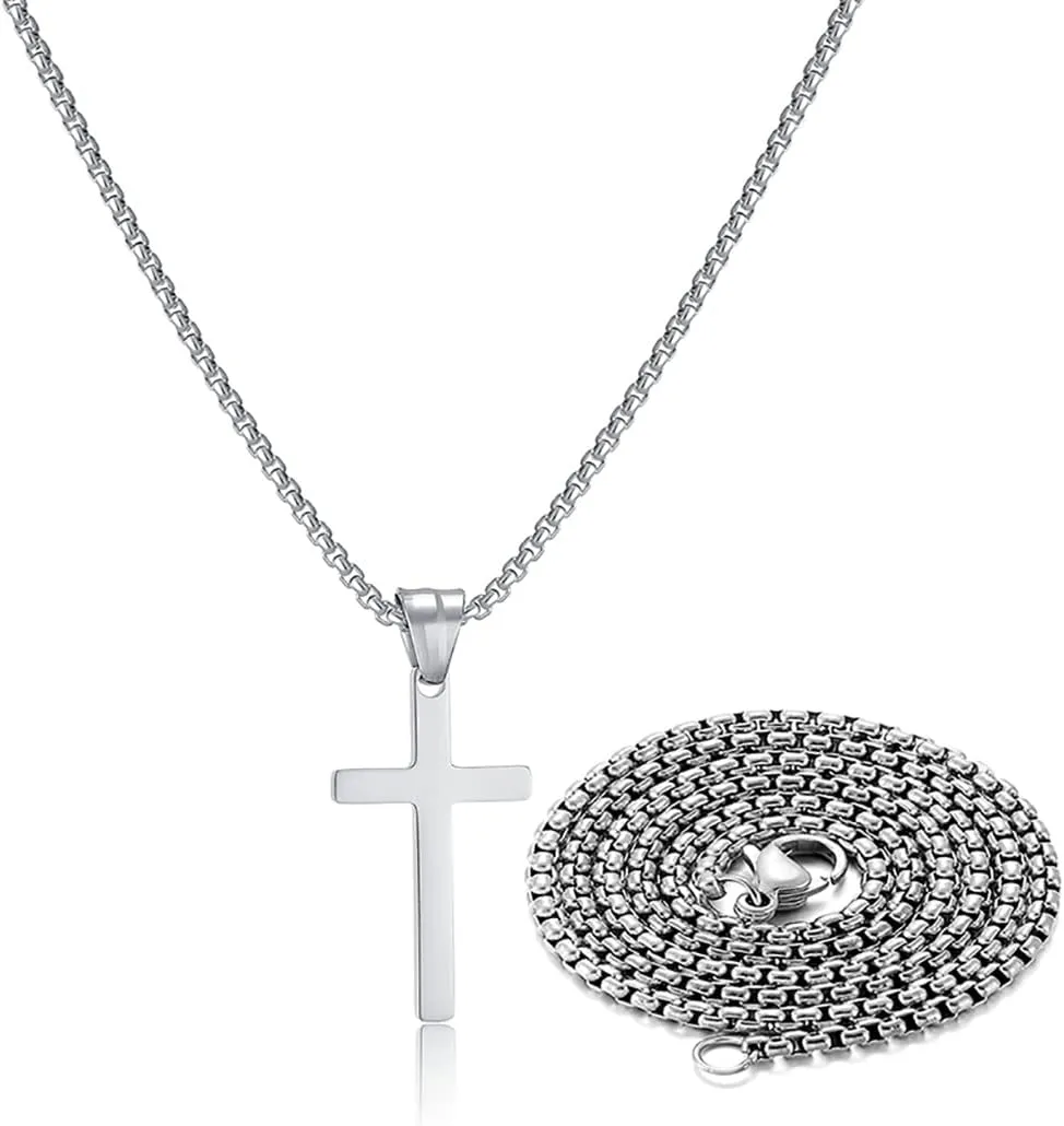 Stainless Steel Cross Necklace for Men Silver Cross Necklace for boy Small Cross Pendant Necklace Simple Jewelry Cross Chain Gifts for Men