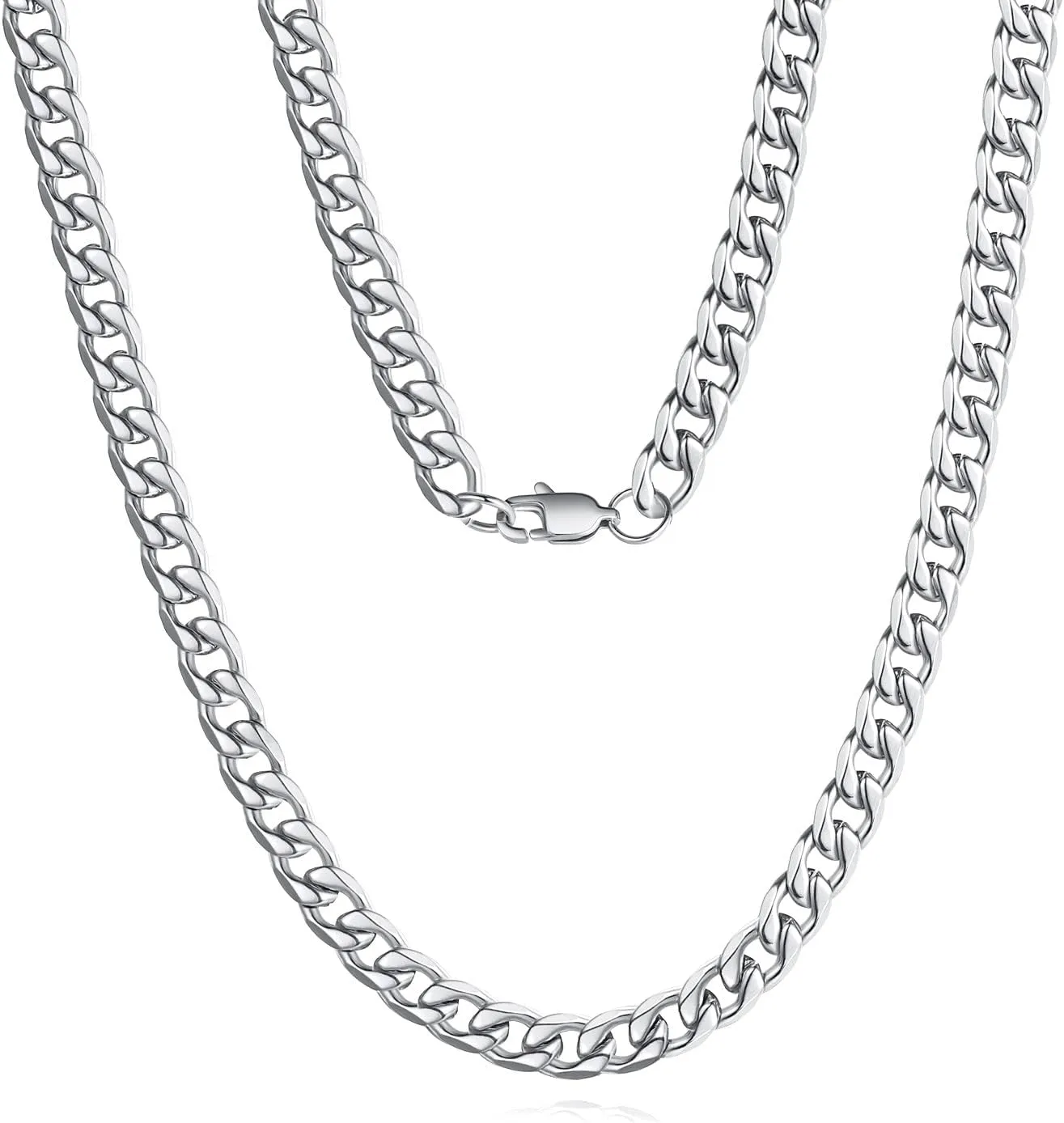 Stainless Steel Cuban Link Curb Chain Necklace for Men Silver/18k Gold Plated Flat Diamond Cut Chains, Wide 5/7/9mm