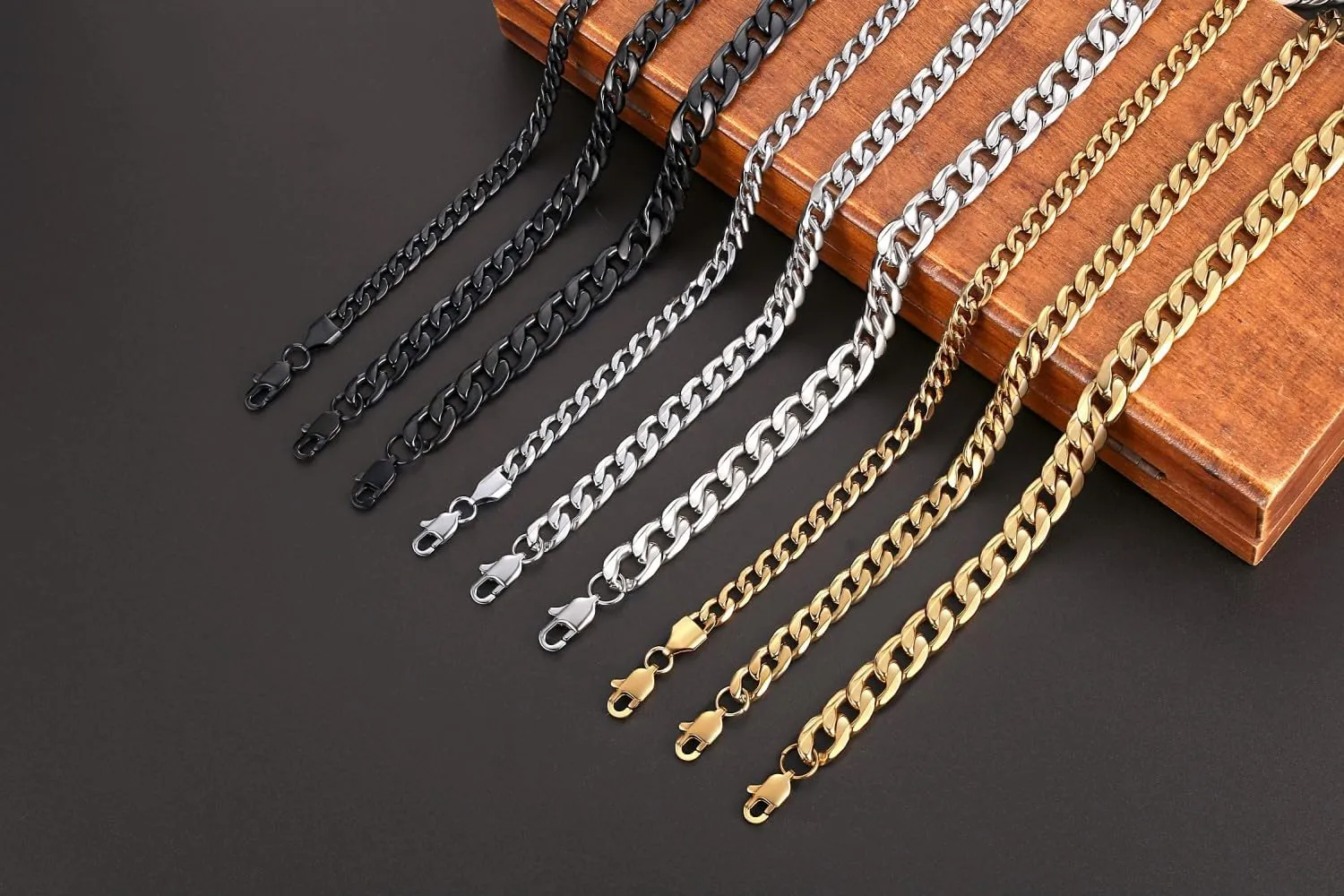 Stainless Steel Cuban Link Curb Chain Necklace for Men Silver/18k Gold Plated Flat Diamond Cut Chains, Wide 5/7/9mm