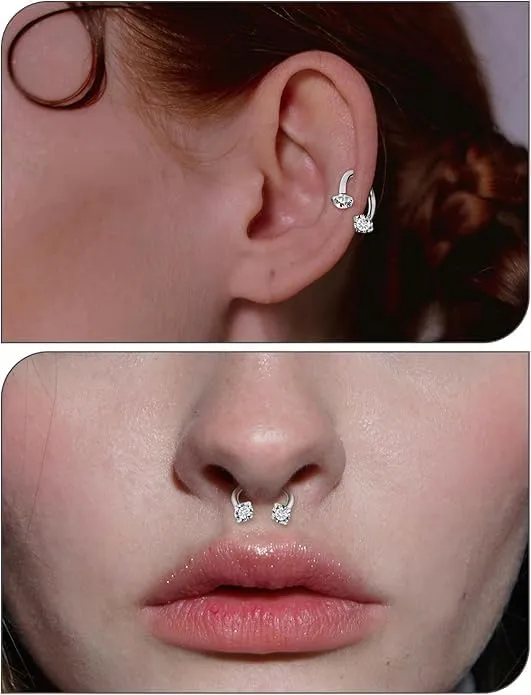 Stainless Steel Horseshoe Nose Ring for Women 2pcs Silver Double Stud Nose Rings 16G Clear Cubic Zirconia Horse Shoe Nose Ring Daith Hypoallergenic Cartilage Piercing Jewelry