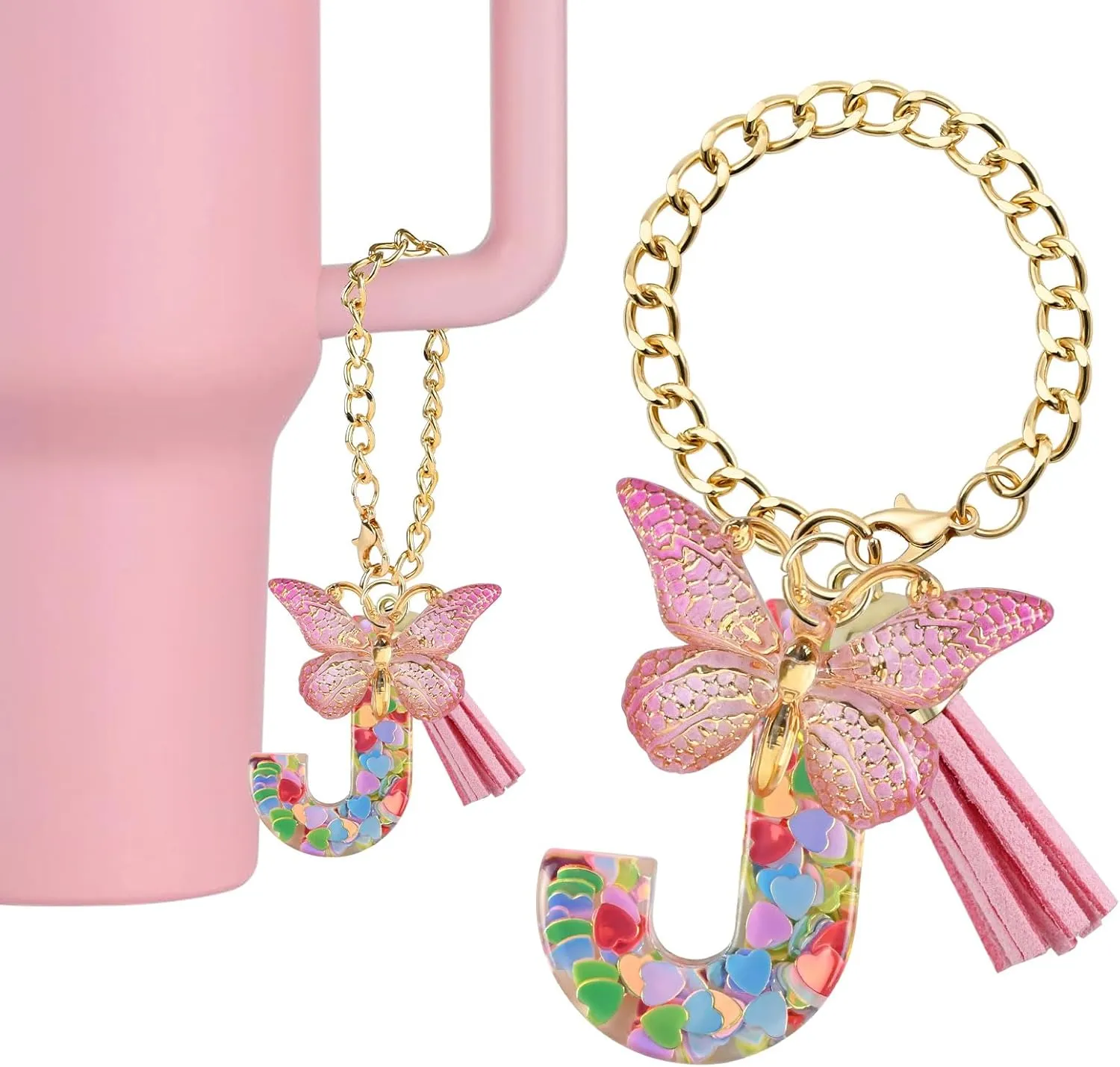 Stanley Cup Letter Keychain, Butterfly Initial Charm for Women, Personalized Tumbler Gift, Easy Install Handle Decor