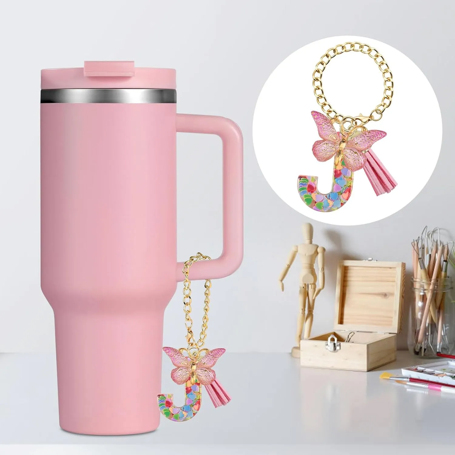 Stanley Cup Letter Keychain, Butterfly Initial Charm for Women, Personalized Tumbler Gift, Easy Install Handle Decor