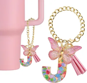 Stanley Cup Letter Keychain, Butterfly Initial Charm for Women, Personalized Tumbler Gift, Easy Install Handle Decor