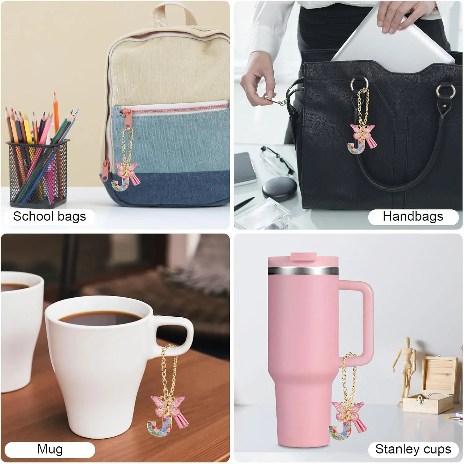 Stanley Cup Letter Keychain, Butterfly Initial Charm for Women, Personalized Tumbler Gift, Easy Install Handle Decor