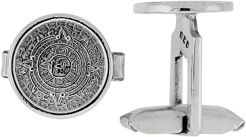 Sterling Silver Aztec Calendar Round Cufflinks for Men Swivel Bar 5/8 inch wide