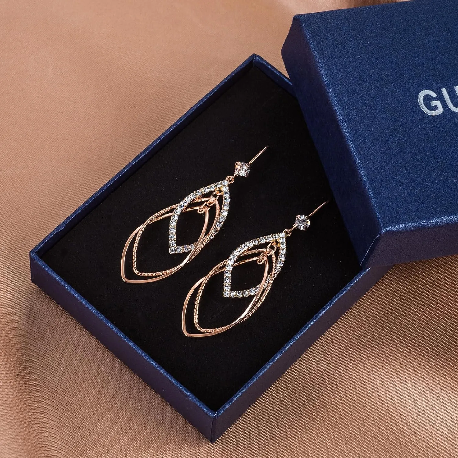 Sterling Silver Teardrop Dangle Earrings for Women,14k Gold Plated Double Linear Drop Hoop Diamonds Earrings (Rose Gold)
