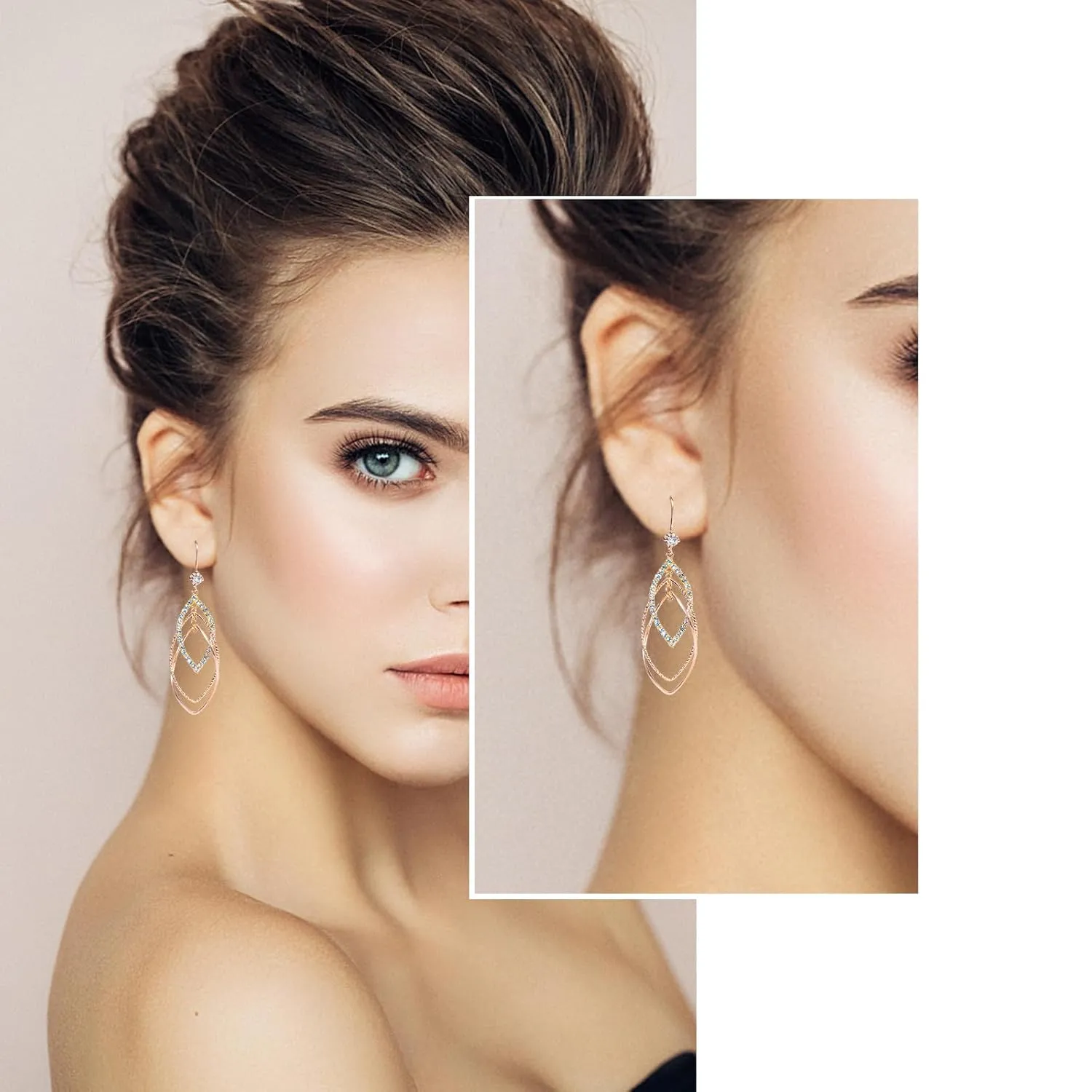 Sterling Silver Teardrop Dangle Earrings for Women,14k Gold Plated Double Linear Drop Hoop Diamonds Earrings (Rose Gold)