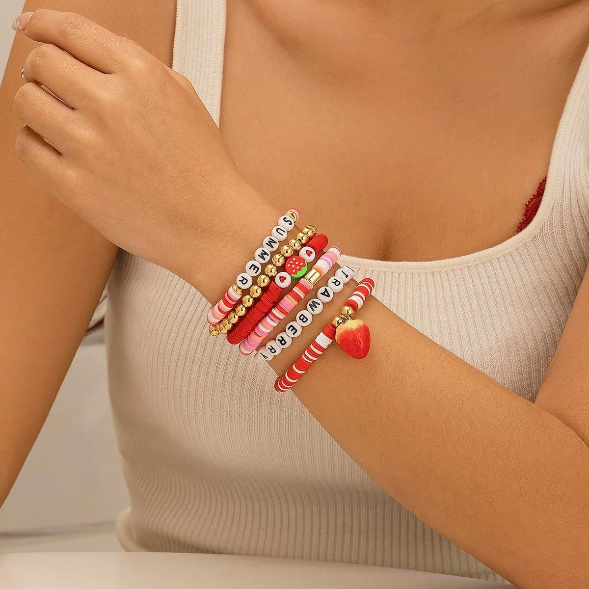 Strawberry Polymer Clay Stacktable Bracelets Colorful Strawberry Heishi Clay Bead Bracelet Set Boho Fruit Elastic Summer Beach Letter Bracelets Layered Jewelry for Women Girls
