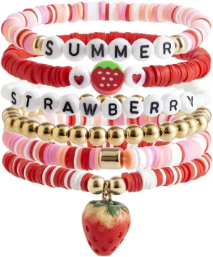 Strawberry Polymer Clay Stacktable Bracelets Colorful Strawberry Heishi Clay Bead Bracelet Set Boho Fruit Elastic Summer Beach Letter Bracelets Layered Jewelry for Women Girls