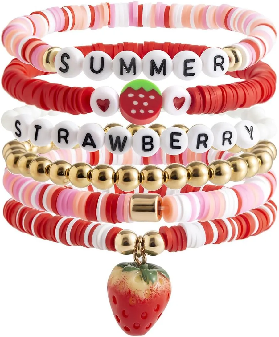 Strawberry Polymer Clay Stacktable Bracelets Colorful Strawberry Heishi Clay Bead Bracelet Set Boho Fruit Elastic Summer Beach Letter Bracelets Layered Jewelry for Women Girls