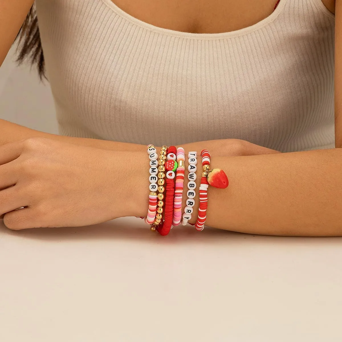 Strawberry Polymer Clay Stacktable Bracelets Colorful Strawberry Heishi Clay Bead Bracelet Set Boho Fruit Elastic Summer Beach Letter Bracelets Layered Jewelry for Women Girls