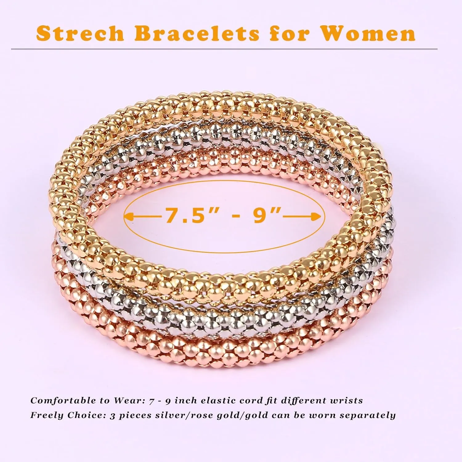 Stretch Bracelets for Women Gold/Silver/Rose Gold Elastic Bracelet Set for Women 3 PCS Stackable Bracelets Elastic Multilayer Charm Bracelet Mothers Day Gifts for Women