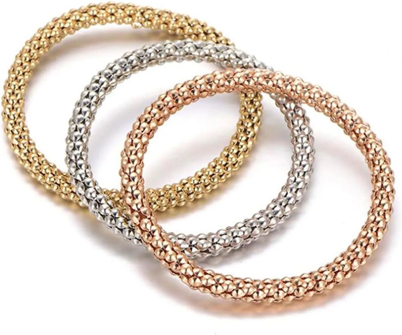 Stretch Bracelets for Women Gold/Silver/Rose Gold Elastic Bracelet Set for Women 3 PCS Stackable Bracelets Elastic Multilayer Charm Bracelet Mothers Day Gifts for Women