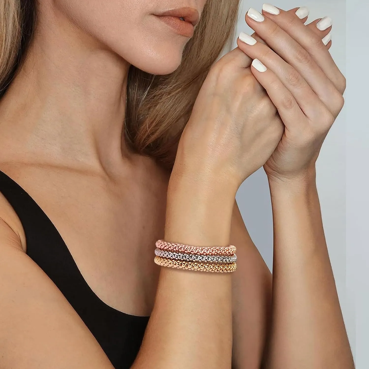 Stretch Bracelets for Women Gold/Silver/Rose Gold Elastic Bracelet Set for Women 3 PCS Stackable Bracelets Elastic Multilayer Charm Bracelet Mothers Day Gifts for Women