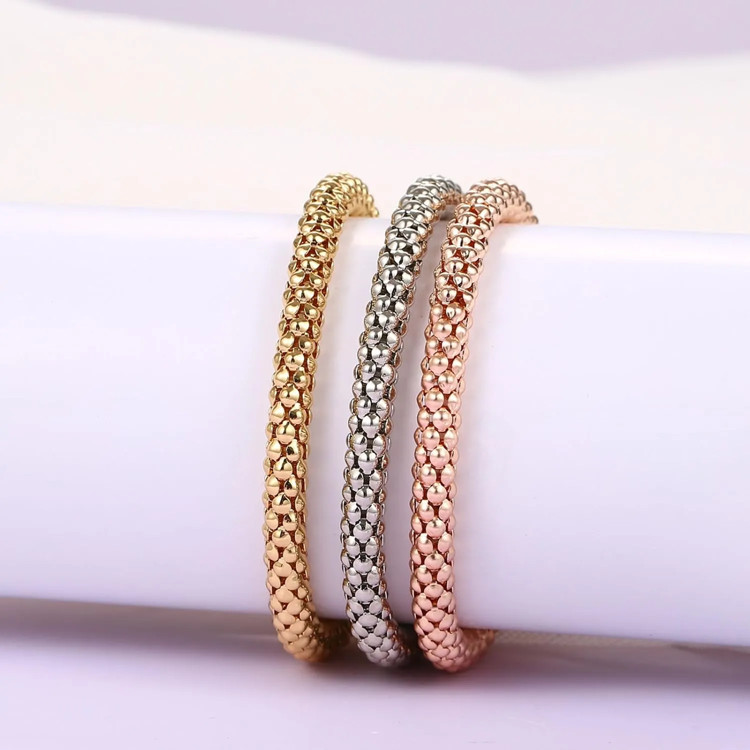 Stretch Bracelets for Women Gold/Silver/Rose Gold Elastic Bracelet Set for Women 3 PCS Stackable Bracelets Elastic Multilayer Charm Bracelet Mothers Day Gifts for Women