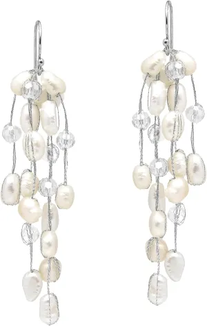 Striking Waterfall Cultured Freshwater White Pearl .925 Sterling Silver Dangle Earrings