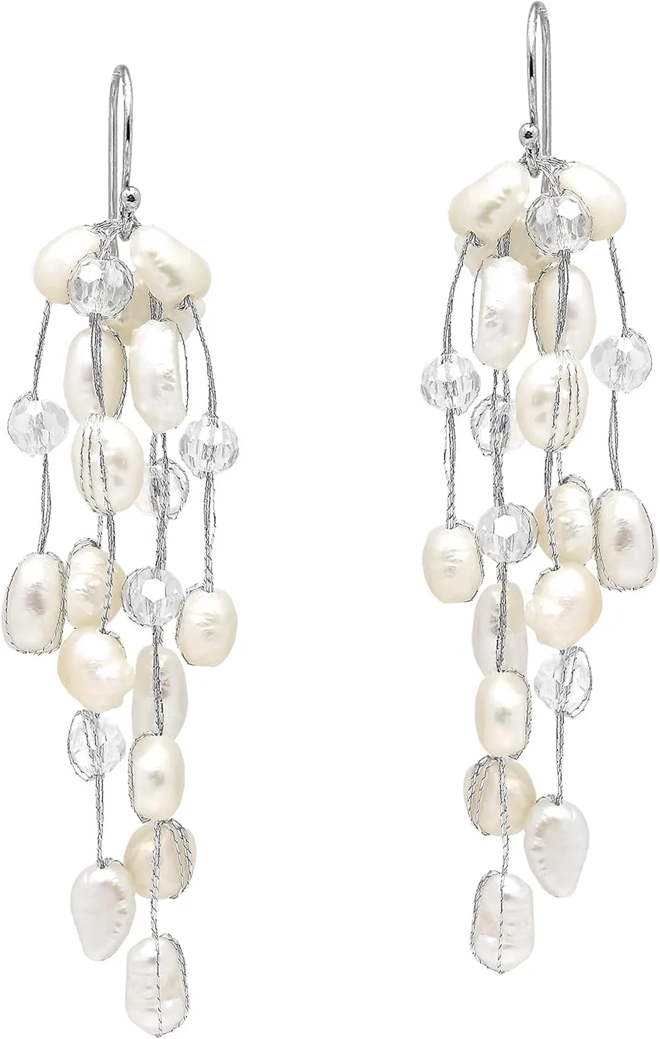 Striking Waterfall Cultured Freshwater White Pearl .925 Sterling Silver Dangle Earrings