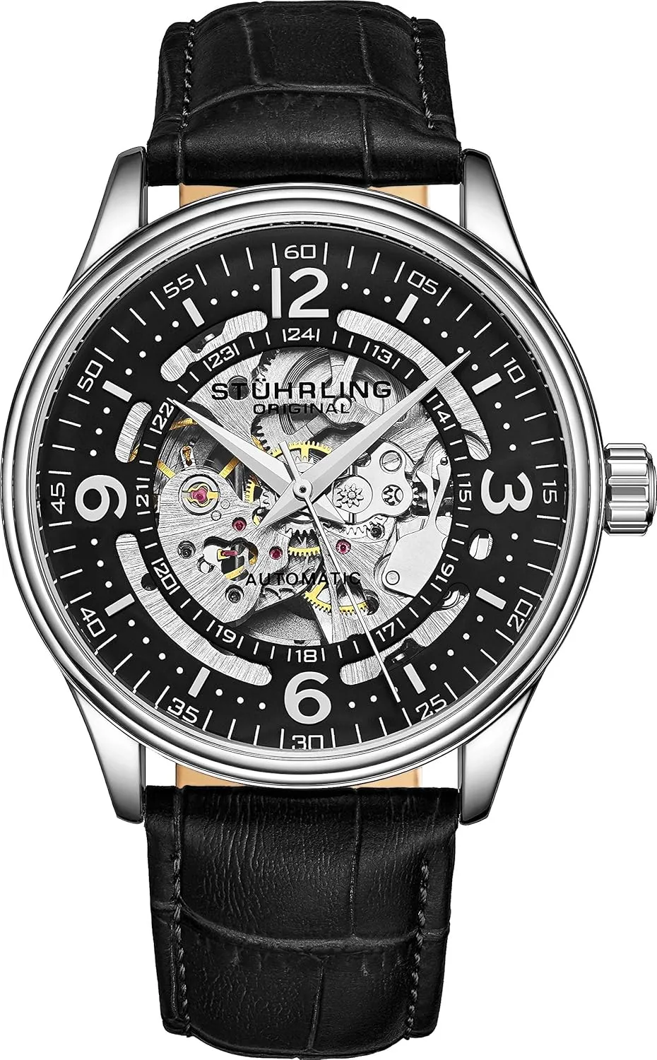 Stuhrling Original Men's Automatic Skeleton Dress Watch Genuine Leather Band with self Winding Mechanical Movement