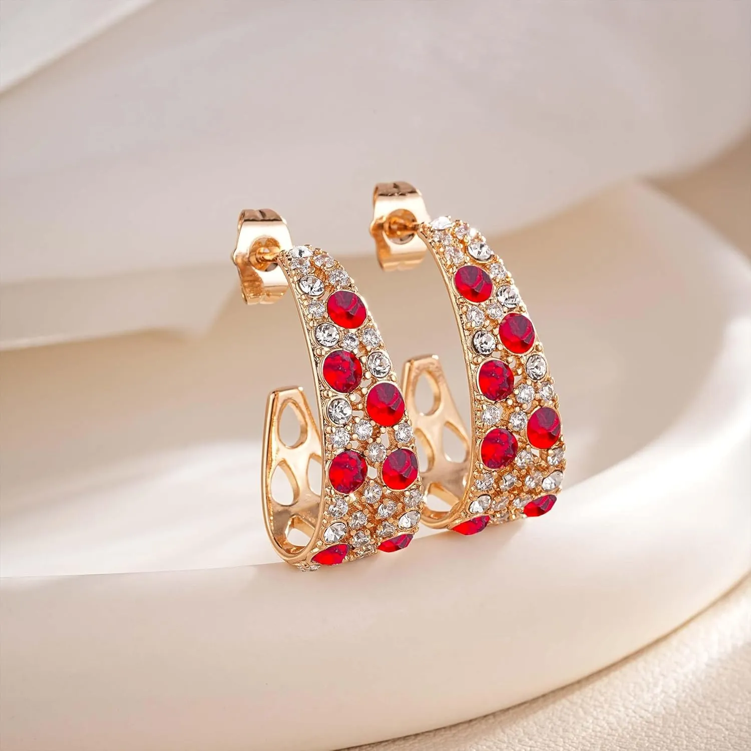Stunning Multicolor Austrian Crystal Open C Hoop Earrings for Women 14K Gold Plated Hypoallergenic Trendy Jewelry Gift