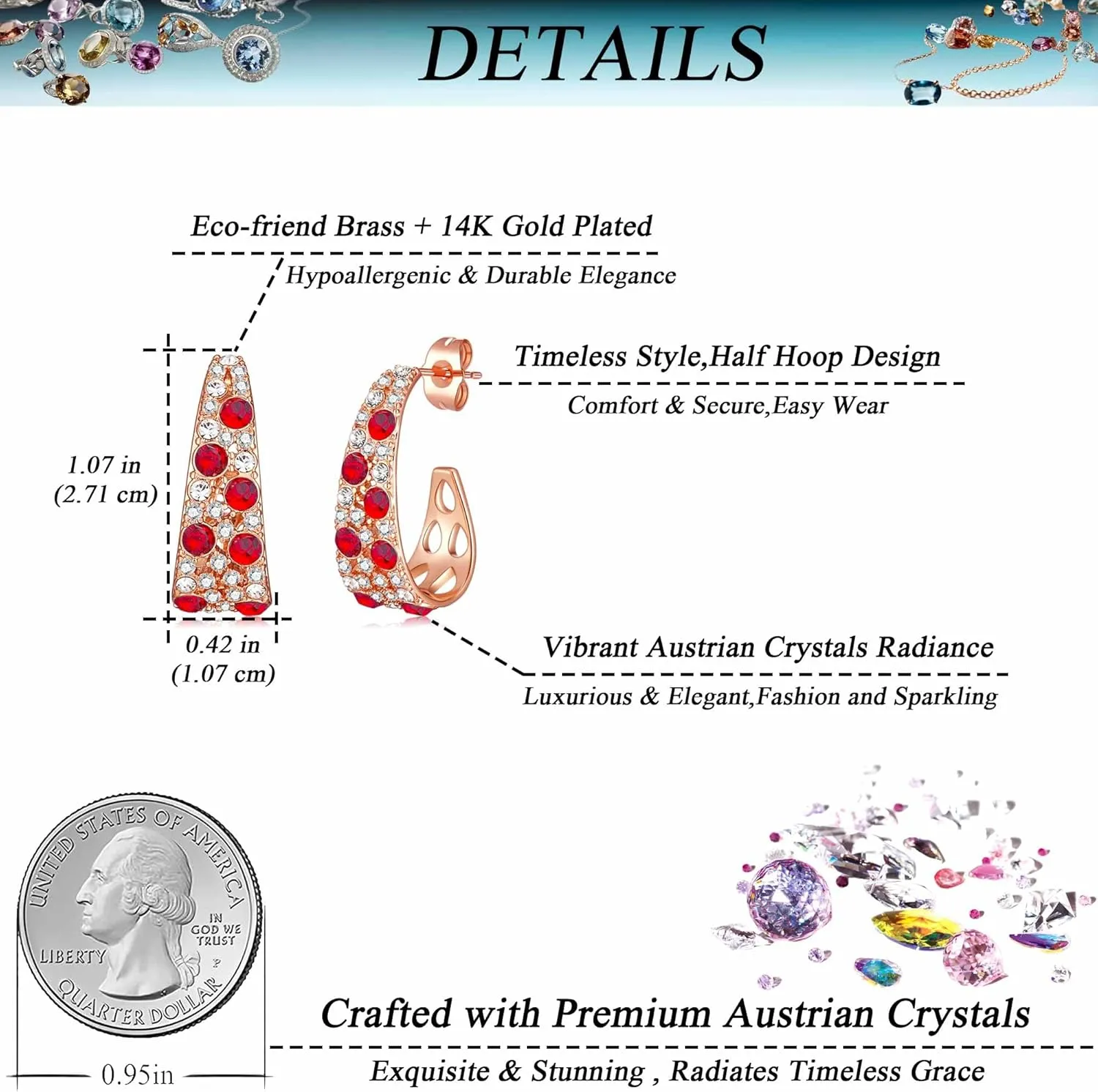 Stunning Multicolor Austrian Crystal Open C Hoop Earrings for Women 14K Gold Plated Hypoallergenic Trendy Jewelry Gift